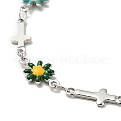 Emaille-Armband mit Blume und Kreuzgliederkette&nbsp;BJEW-C023-01P-01