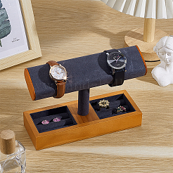 Présentoir à montres en bois en forme de T avec présentoirs en velours et plateaux rectangulaires pour bagues&nbsp;ODIS-PH0009-16A
