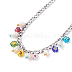Conjunto de collares con abalorios de vidrio y moneda de flor de millefiori y perlas naturales para niñas y mujeres&nbsp;X1-NJEW-TA00014