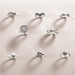 8 stücke 8 arten legierung schädel & blume & clover & spinne web finger ringe set für unisex&nbsp;PW-WG0287F-01