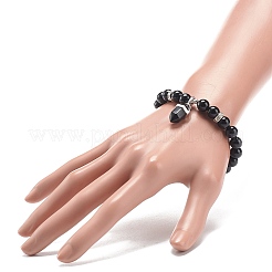 Braccialetto elasticizzato con perline rotonde in ossidiana naturale con ciondoli a proiettile&nbsp;BJEW-JB09018-05