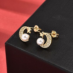 Boucles d'oreilles à tige en laiton avec micro pavé de lune&nbsp;EJEW-A135-31G