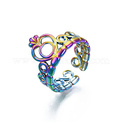 Placcatura ionica (ip) anello polsino aperto in acciaio inossidabile 304 color arcobaleno con corona a forma di cuore per donna&nbsp;RJEW-S405-259M