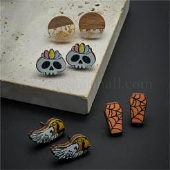Halloween-Grabstein-Geisterschädel-Ohrstecker-Set aus Holz&nbsp;EJEW-OY002-01