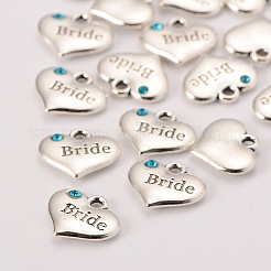 Breloques de cœur de thème de ton argent antique de style tibétain avec strass mariée&nbsp;X-TIBEP-N005-12A