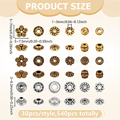 540 pièces 18 styles perles d'espacement en alliage de style tibétain&nbsp;TIBEB-PH0005-37