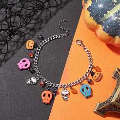 Halloween Totenkopf gefärbte synthetische türkisfarbene Charm-Armbänder&nbsp;BJEW-TA00505