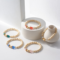 Bracelet extensible en perles rondes en bois naturel avec verre en forme de larme&nbsp;BJEW-JB07822