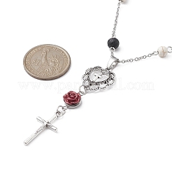 Rosenkranz-Perlenkette mit Totenkopf und rundem synthetischem Türkis und natürlichem Lavagestein&nbsp;NJEW-JN04388