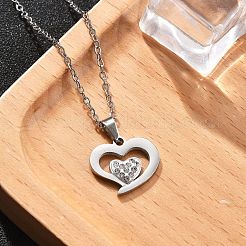 Collar de cadena tipo cable con colgante de corazón de rhinestone de cristal de acero inoxidable 304 para mujer&nbsp;LS-NJEW-Z056-01D-P