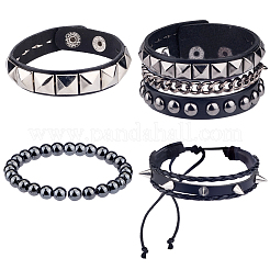 4 Stück 4 Stile Punk-Stil Hämatit runde Perlen Stretch-Armbänder & Nieten Armbänder mit Legierung geflochtenen Perlenarmbänder & Kunstleder Armreifen für Männer Frauen&nbsp;BJEW-WH20002-09B