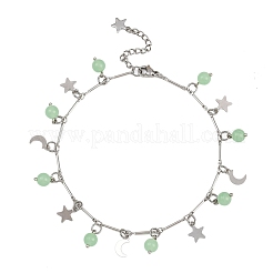 Tobilleras de acero inoxidable 201 con dije redondo de jade de Malasia teñido natural y luna&nbsp;AJEW-AN00732-03