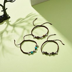 3 Uds. Ojo de tigre natural y roca de lava y pulseras de cuentas trenzadas turquesas sintéticas con cráneo de aleación&nbsp;BJEW-JB08114-02