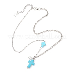 Colgante de cruz de turquesa sintética teñida y perla de concha redonda&nbsp;NJEW-JN05793