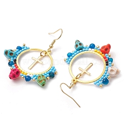 Pendientes colgantes bohemios con cuentas de vidrio y turquesa sintética&nbsp;EJEW-MZ00287