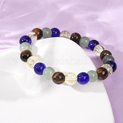 Pulseras elásticas de ojo de tigre natural y cuentas de vidrio para mujeres y hombres&nbsp;LS-BJEW-P398-01C