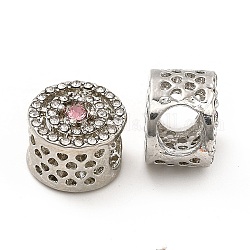 Accumuler strass de placage en alliage de perles européennes, Perles avec un grand trou   , plat rond, platine, rose clair, 11.5x8.5mm, Trou: 5mm