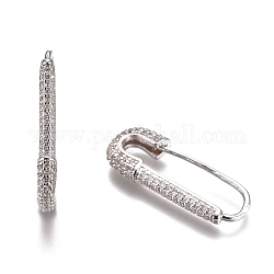 Pendientes de aro de latón, con diamante de imitación, forma de pasador de seguridad, Platino, Claro, 26~26.5x10~11x3mm, pin: 0.8 mm