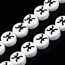 Handmade Porcelain Ceramic Beads Strands, Printed, Flat Round with Constellation, Pisces, 10~11x5mm, Hole: 2mm, about 30pcs/strand, 11.81 inches(30cm)