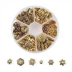 Tibetischen Stil Legierung Perlenkappen, Blume, 6-Blütenblatt, Antik Golden, 8x2 cm, ca. 355 Stk. / Kasten