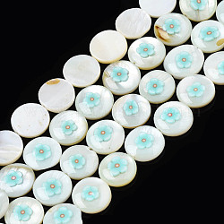 Perles d'émail de coquille d'eau douce naturelle, plat et circulaire avec fleur, turquoise, 11x3mm, Trou: 0.8mm, Environ 32 pcs/chapelet, 14.37 pouce (36.5 cm)
