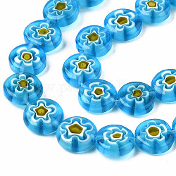 Chapelets de perle de millefiori en verre manuelles, plat rond, bleu profond du ciel, 10x4mm, Trou: 1.2mm, Environ 40 pcs/chapelet, 14.9 pouce