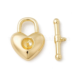 Brass Toggle Clasps, for Half Hole Bead, Heart Lock, Real 18K Gold Plated, Heart: 16x12x5.5mm, Bar: 15x4.5x2mm, Hole: 1mm, Pin: 0.9mm