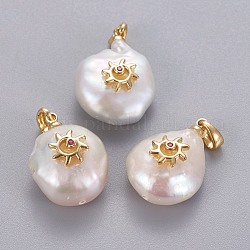 Colgantes naturales de perlas cultivadas de agua dulce, con micro latón allanar fornituras de circonio cúbico, pepitas con sol, Plateado de larga duración, dorado, de color rosa oscuro, 17~27x12~16x6~12mm, agujero: 4x2.5 mm