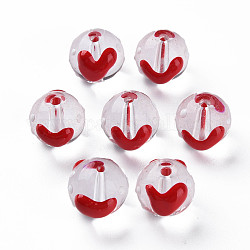 Cuentas de esmalte de vidrio transparente, reronda con el corazón, rojo, 13x12x11mm, agujero: 1.8 mm