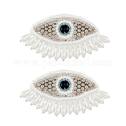 Perline di vetro cucite su toppe con nappine, appliques malocchio imitazione perla, distintivi, con base in feltro, bianco, 60x107~115x7mm