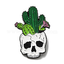 Broche de aleación negro, alfileres de esmalte, calavera con cactus, verde lima, 30x20x1mm