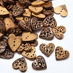 Coeur coco 2 trous boutons à coudre, brun coco, 17x18x3~4mm, Trou: 1mm