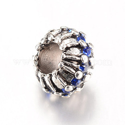 Aleación Diamante de imitación abalorios europeas, Abalorios de grande agujero, rerondana plana, zafiro, 10x7~8mm, agujero: 5 mm