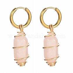 Boucles d'oreilles pendantes en quartz rose naturel enveloppées de fil de cuivre pour femmes, créoles huggie en 304 acier inoxydable, 39mm, pin: 1 mm