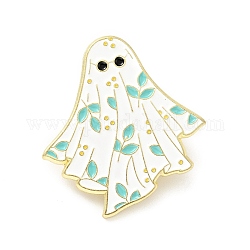 Fantasma con spilla smaltata a foglia, distintivo della lega di Halloween per i vestiti dello zaino, oro chiaro, bianco, 30x29x1.5mm
