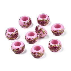 Undurchsichtige Unterlegscheibe-Perlen aus Acryl mit Blumendruck, Großloch perlen, rosa, 15x9 mm, Bohrung: 7 mm