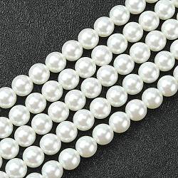 Perline di perla di vetro, perlato, tondo, bianco, 10mm, Foro: 0.7~1.1 mm, circa 40pcs/filo, 16'' (40.64 cm)