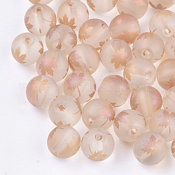 Autumn Theme Electroplate Transparent Glass Beads, Frosted, Round with Maple Leaf Pattern, Dark Salmon, 8~8.5mm, Hole: 1.5mm