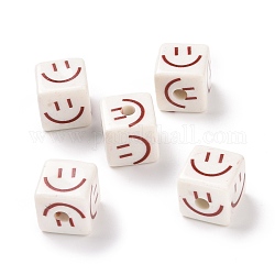 Opaque Printed Acrylic Beads, Cube with Smiling Face Pattern, FireBrick, 13.5x13.5x13.5mm, Hole: 3.8mm