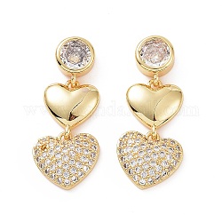 Boucles d'oreilles pendantes double cœur avec oxyde de zirconium transparent, bijoux en laiton pour femmes, véritable 18k plaqué or, 30mm, pin: 0.8 mm