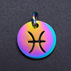 Rainbow Color Ion Plating(IP) 201 Stainless Steel Charms, with Jump Rings, Flat Round with Constellation/Zodiac Sign, Pisces, 12x1mm, Jump Ring: 5x0.8mm, Inner Diameter: 3mm