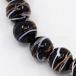 De forme ronde perles à la main de sable d'or de Murano brins, noir, 10mm, Trou: 2mm, Environ 30 pcs/chapelet, 11.8 pouce