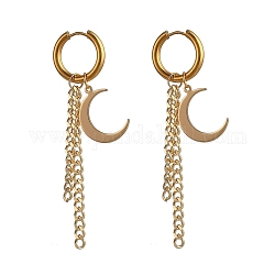 304 Stainless Steel Huggie Hoop Earrings, Hypoallergenic Earrings, with Brass Pendants & Curb Chains, Moon, Golden, 78mm, Pin: 1mm