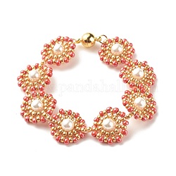 Bracelet lien fleur perle coquillage, bracelet tressé graine de verre avec fermoir aimanté en laiton pour femme, or, rouge, 7-1/2 pouce (19 cm)