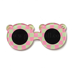 Niedliche, undurchsichtige, bedruckte Acrylanhänger, Bärenbrille mit Tartan-Charme, Perle rosa, 55x25x2 mm, Bohrung: 2 mm