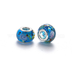 Perles européennes vernissées manuelles, perles de rondelle avec grand trou , en laiton de tonalité de platine noyaux doubles, Dodger bleu, 14~15x9~10mm, Trou: 5mm