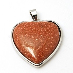 Gemstone Pendants, Goldsamd Stone, with Brass Findings, Heart, Platinum Metal Color, Gold, 43x32x8mm, Hole: 7x4mm