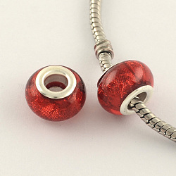Large Hole Acrylic European Beads, with Silver Tone Brass Double Cores, Rondelle, Red, 14x9mm, Hole: 5mm