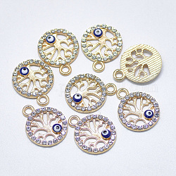 Alloy Pendants, with Crystal Rhinestone and Blue Enamel, Flat Round with Tree of Life and Evil Eye, Light Gold, 17x14x2.5mm, Hole: 2mm