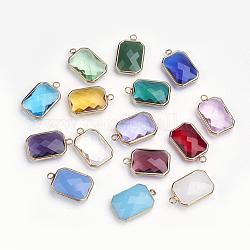 Glass Pendants, with Brass Findings, Faceted, Octagon, Golden, Mixed Color, 22x14x6mm, Hole: 2mm